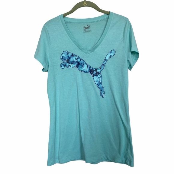 PUMA Sz L Vee Neck Aqua Tee Graphic Print - Picture 1 of 6